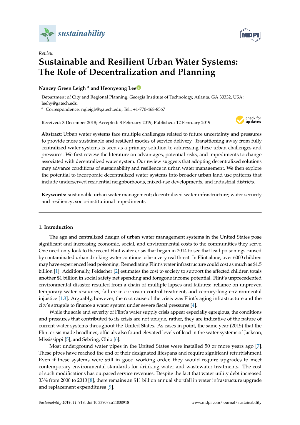 Sustainable and Resilient Urban Water Systems: the Role of Decentralization and Planning