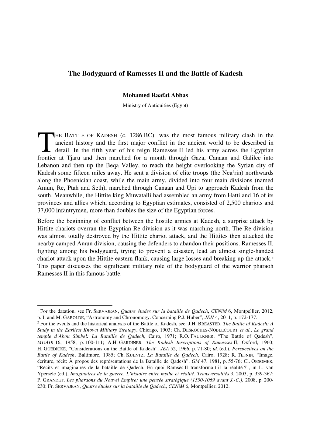 The Bodyguard of Ramesses II and the Battle of Kadesh