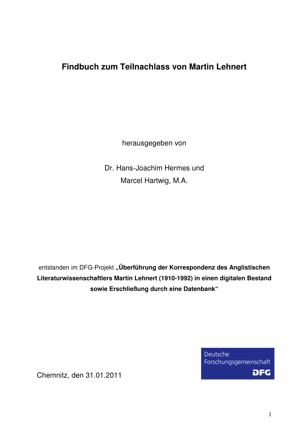 Findbuch Zum Teilnachlass Von Martin Lehnert