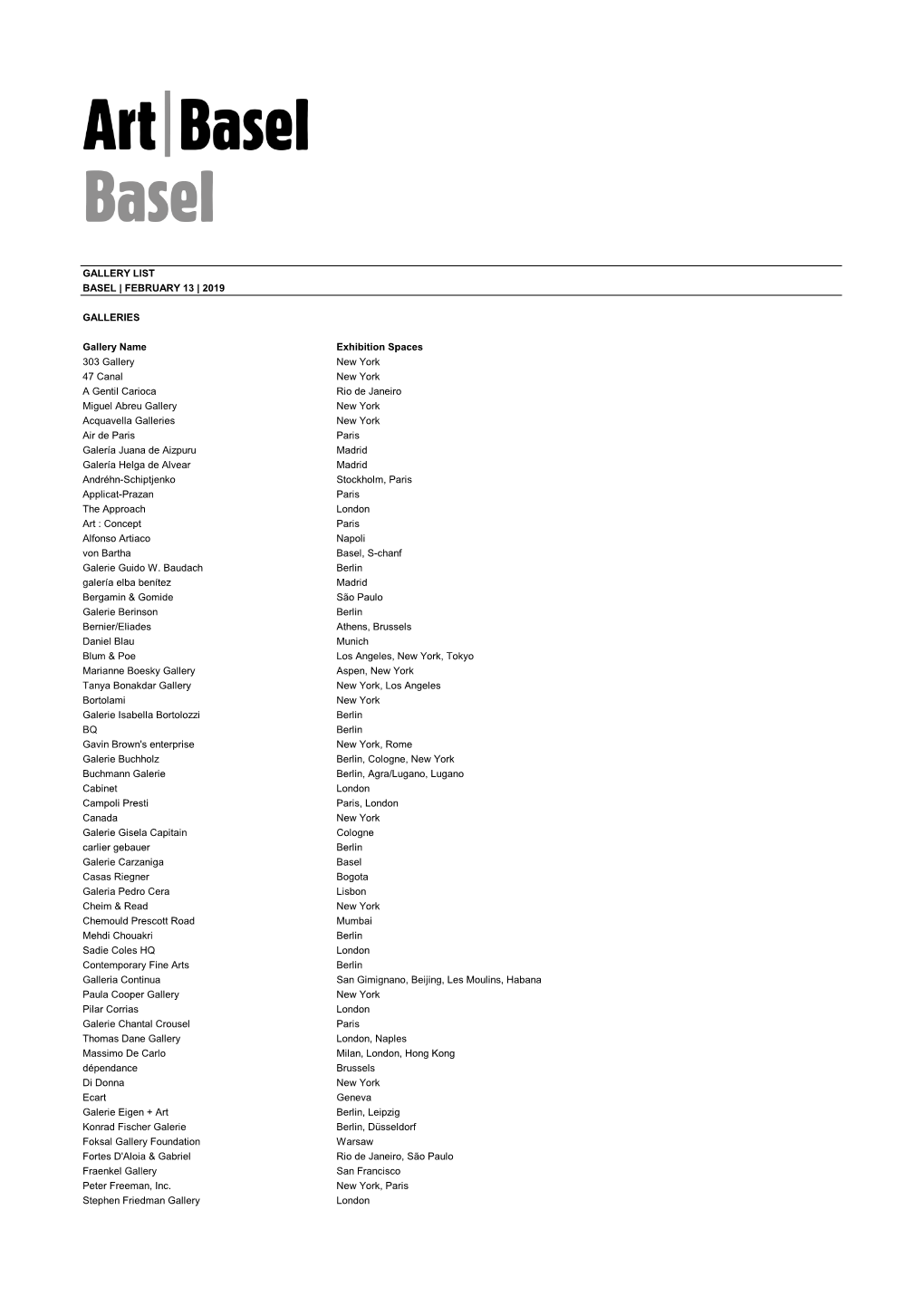 Gallery List Basel | February 13 | 2019