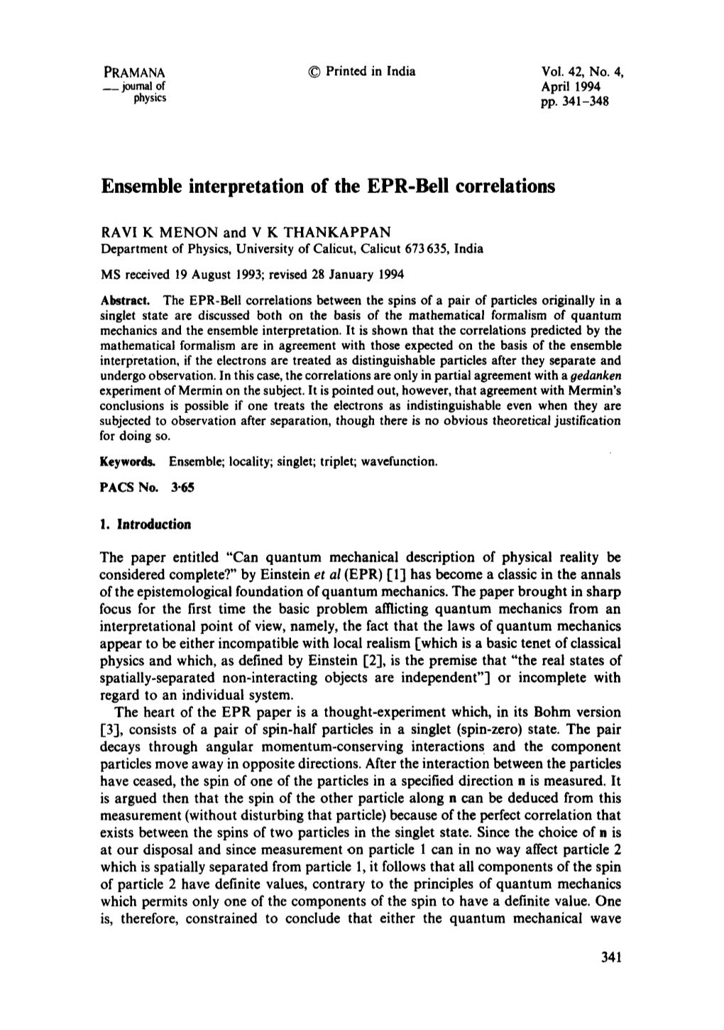 Ensemble Interpretation of the EPR-Bell Correlations