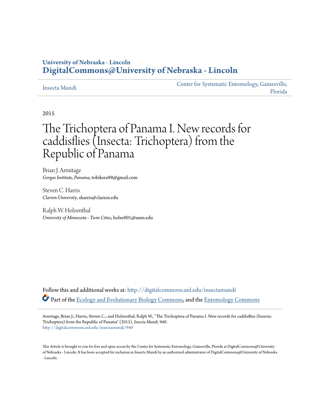 Insecta: Trichoptera) from the Republic of Panama" (2015