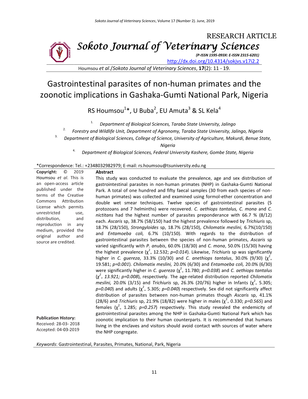 Sokoto Journal of Veterinary Sciences Gastrointestinal Parasites of Non