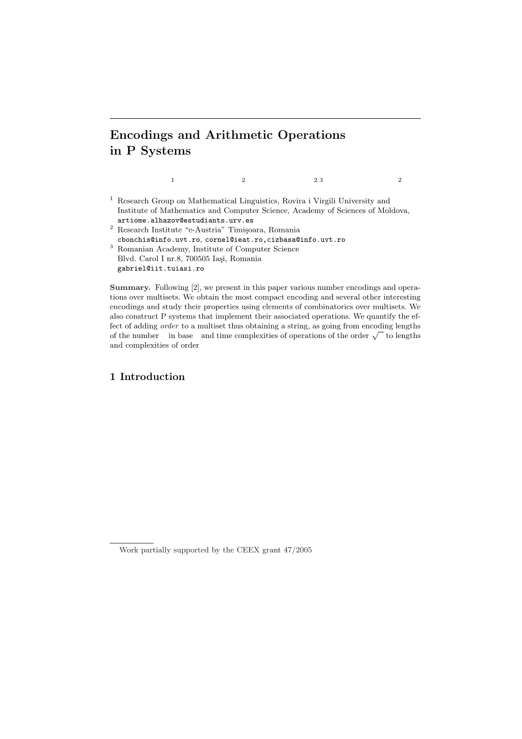 Encodings and Arithmetic Operations in P Systems⋆