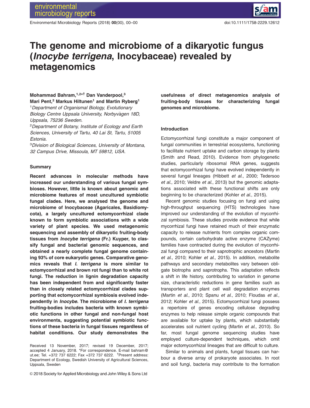 The Genome and Microbiome of a Dikaryotic Fungus (Inocybe Terrigena, Inocybaceae) Revealed by Metagenomics