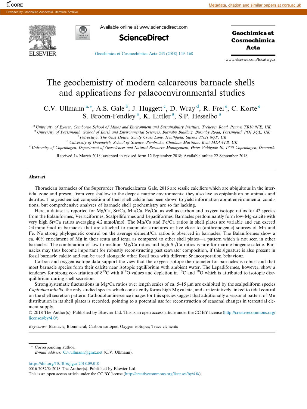 The Geochemistry of Modern Calcareous Barnacle Shells and Applications for Palaeoenvironmental Studies