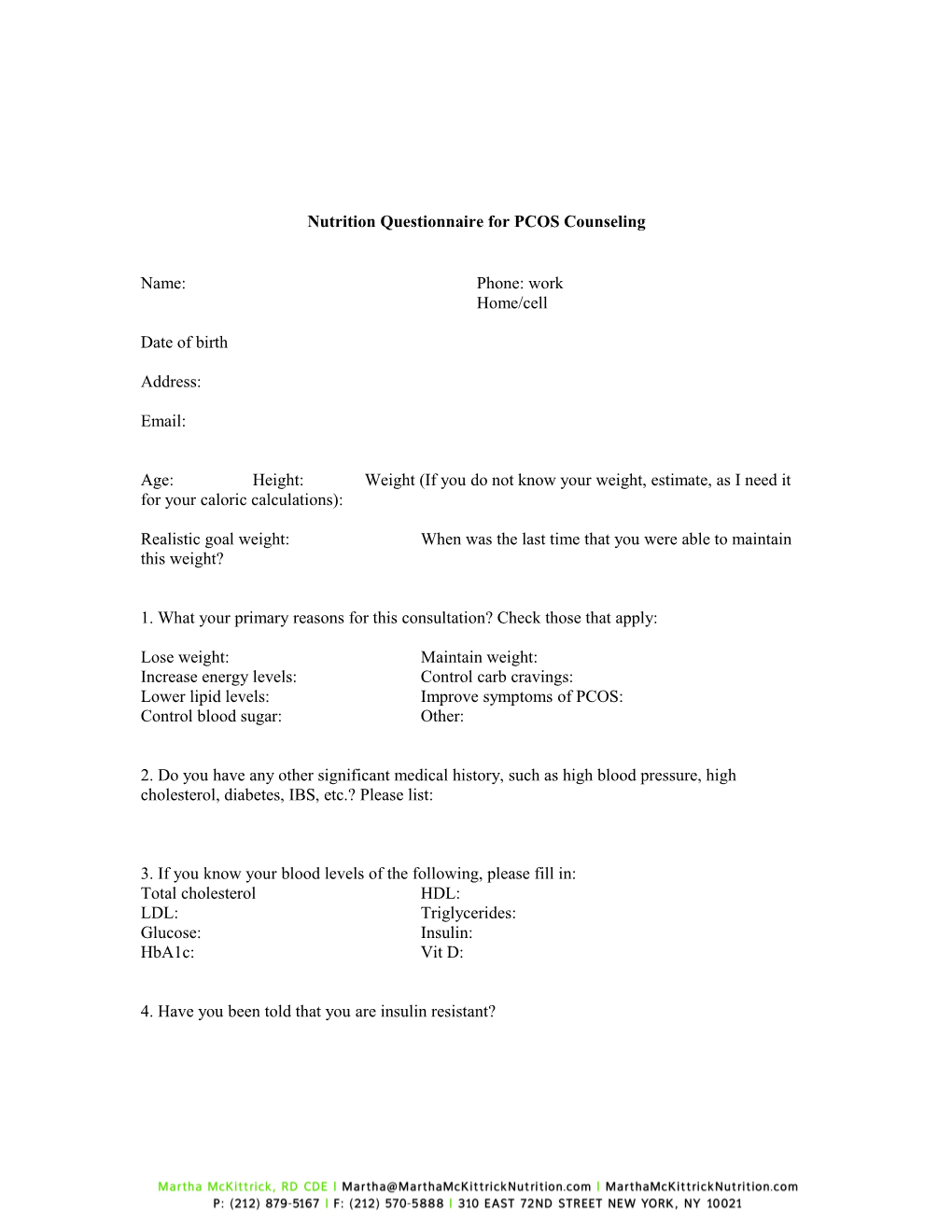 Nutrition Questionnaire for PCOS Counseling