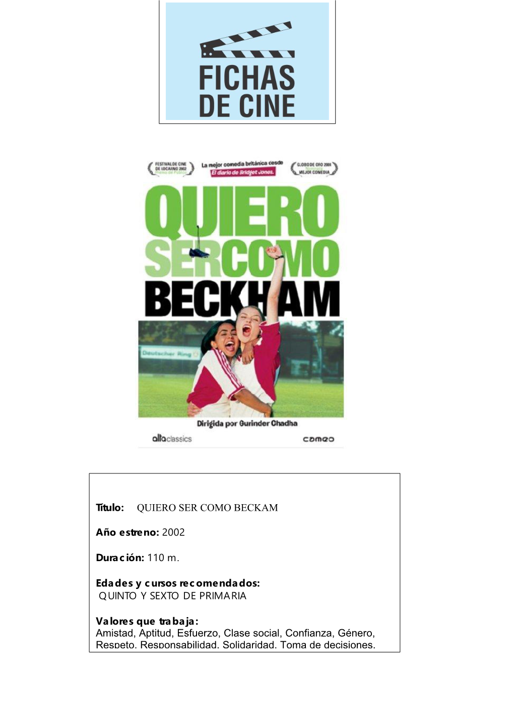 Título: QUIERO SER COMO BECKAM Año Estreno: 2002 Duración: 110 M. Edades Y Cursos Recomendados: QUINTO Y SEXTO DE PRIMARIA V