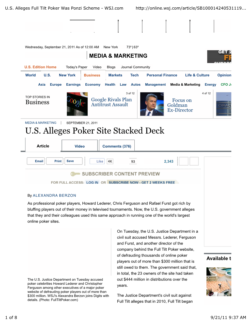 U.S. Alleges Full Tilt Poker Was Ponzi Scheme - WSJ.Com