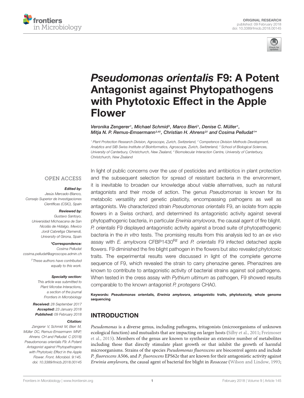 Pseudomonas Orientalis F9: a Potent Antagonist Against Phytopathogens with Phytotoxic Effect in the Apple Flower