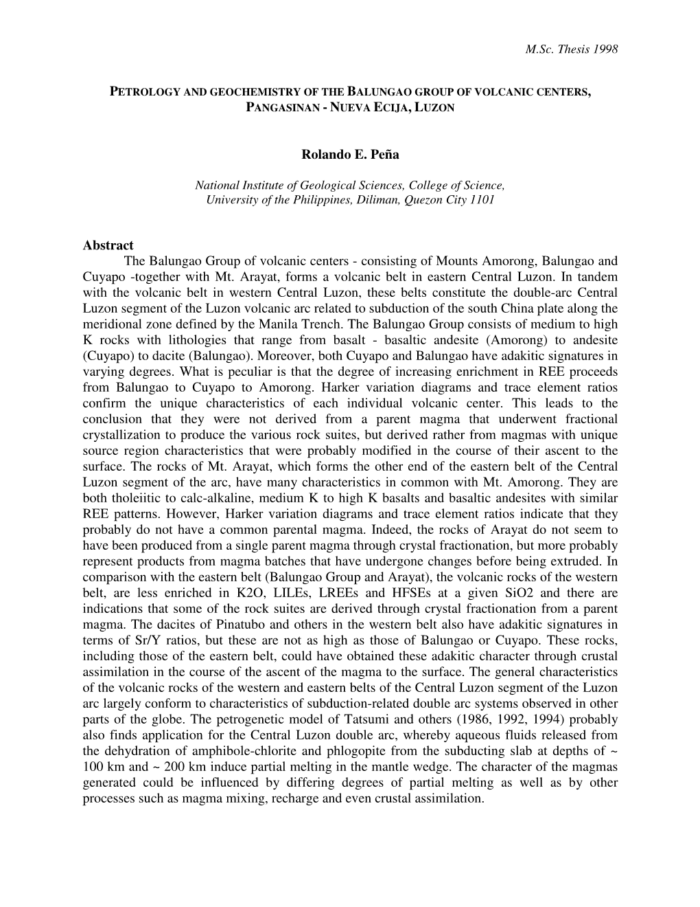 Rolando E. Peña Abstract the Balungao Group of Volcanic Centers