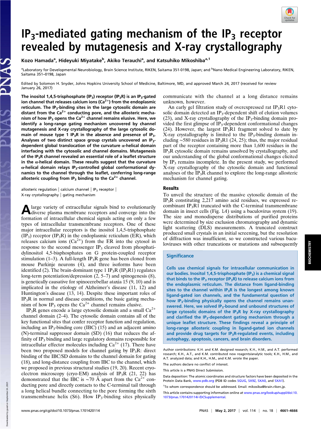 IP3-Mediated Gating Mechanism of the IP3 Receptor Revealed by Mutagenesis and X-Ray Crystallography