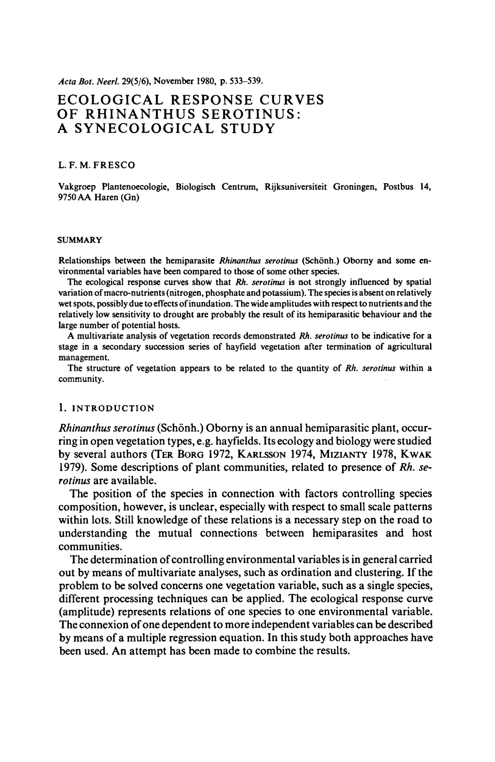 Ecological Response Curves of Rhinanthus Serotinus: a Synecological Study