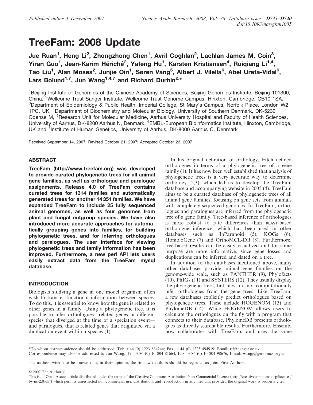 Treefam: 2008 Update Jue Ruan1, Heng Li2, Zhongzhong Chen1, Avril Coghlan2, Lachlan James M