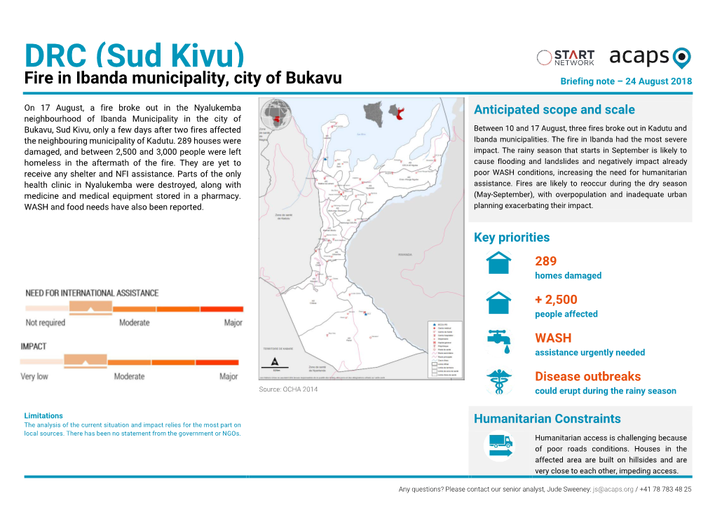 DRC (Sud Kivu) Fire in Ibanda Municipality, City of Bukavu Briefing Note – 24 August 2018