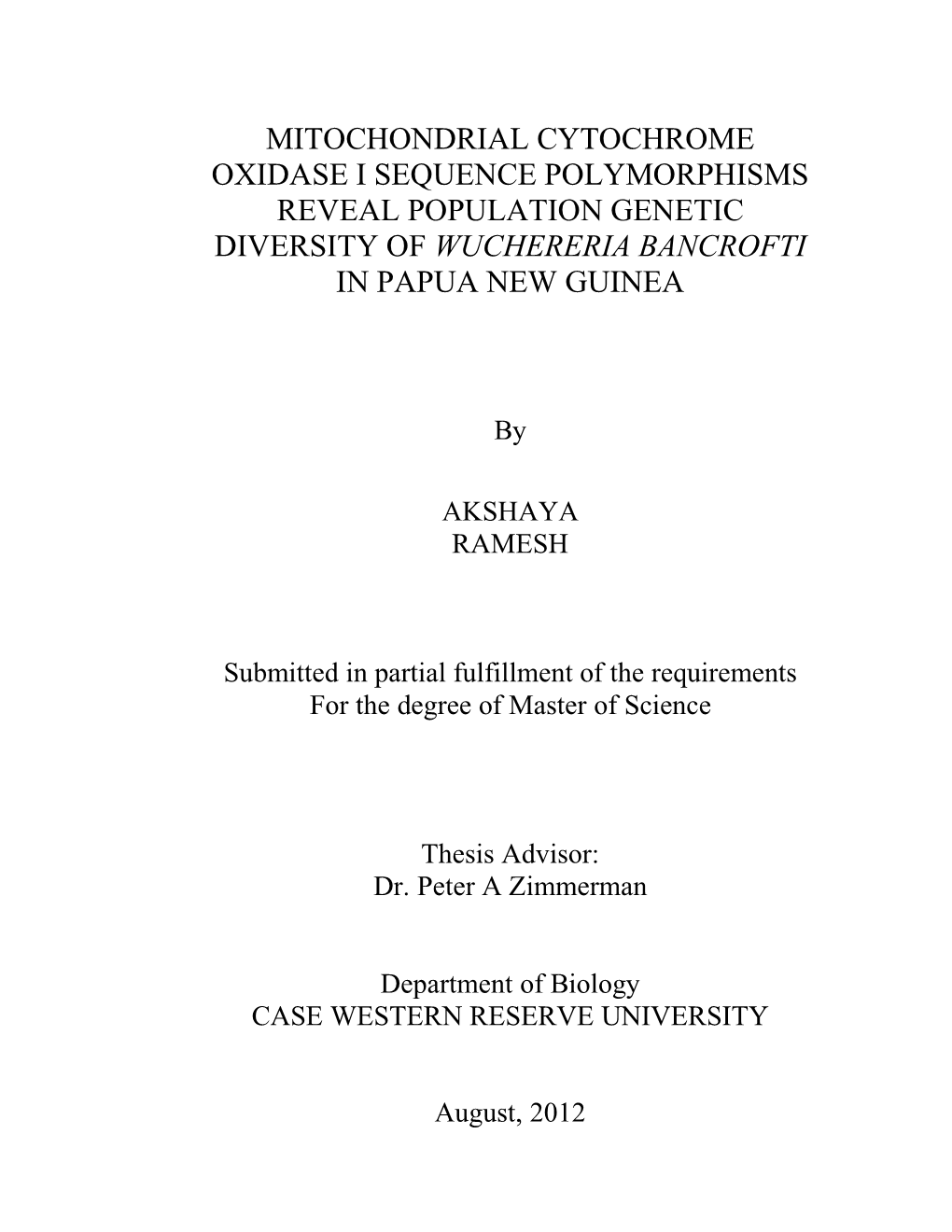 Mitochondrial Cytochrome Oxidase I Sequence Polymorphisms Reveal Population Genetic Diversity of Wuchereria Bancrofti in Papua New Guinea