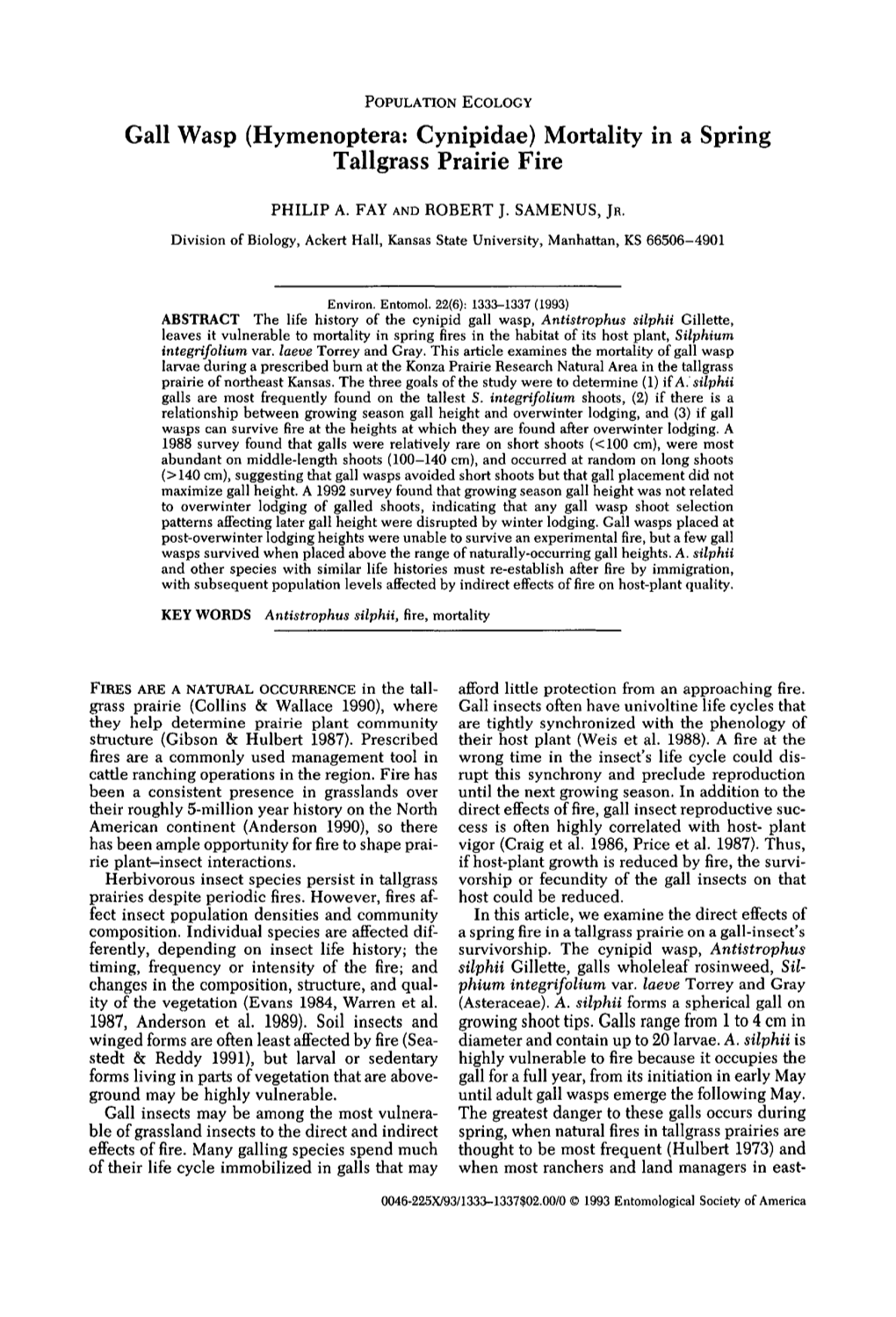 Gall Wasp (Hymenoptera: Cynipidae) Mortality in a Spring Tallgrass Prairie Fire