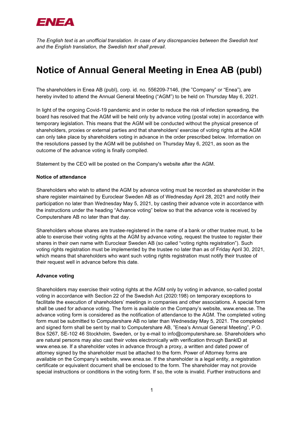 Notice of Annual General Meeting in Enea AB (Publ)