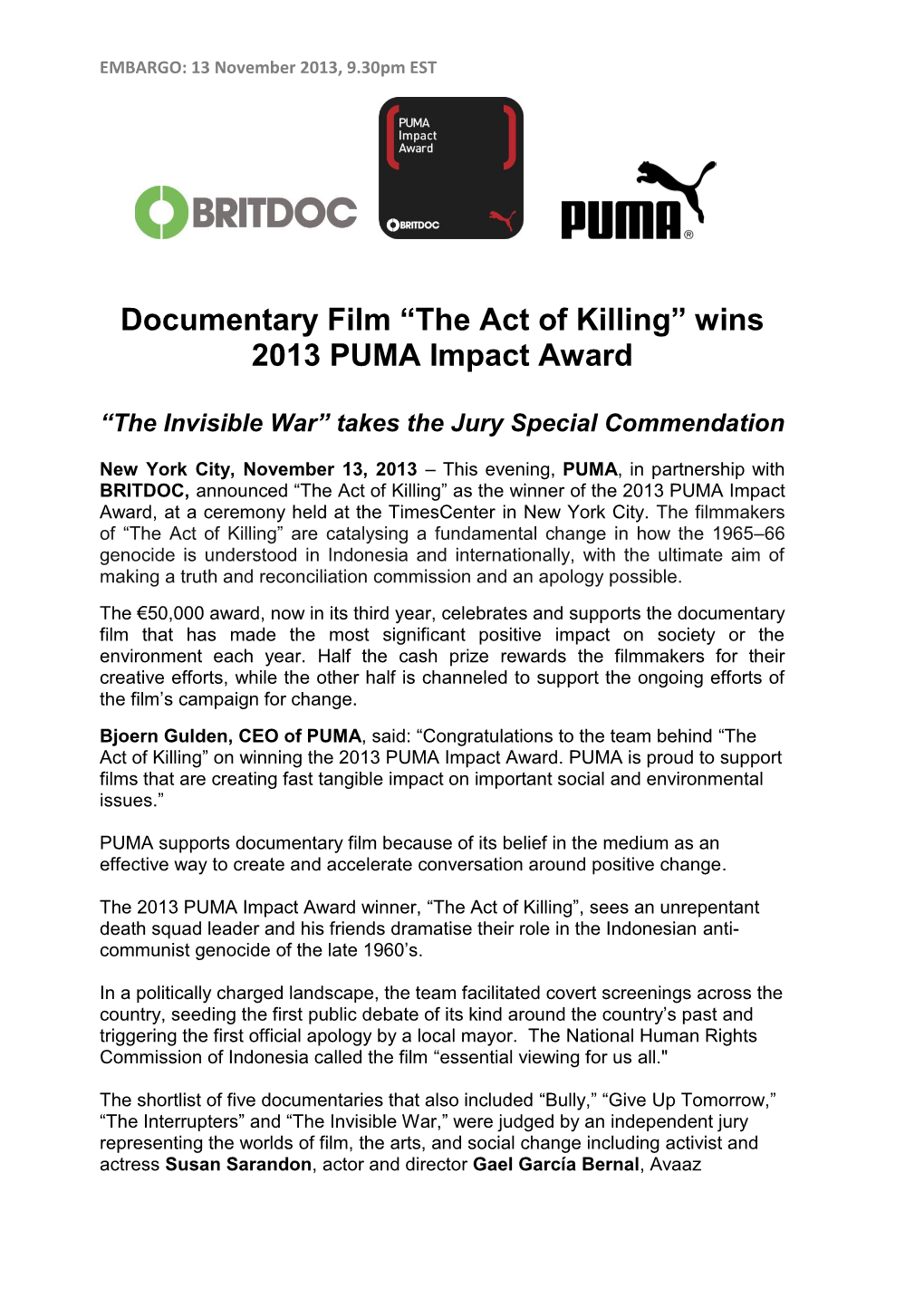 Documentary Film “The Act of Killing” Wins 2013 PUMA Impact Award