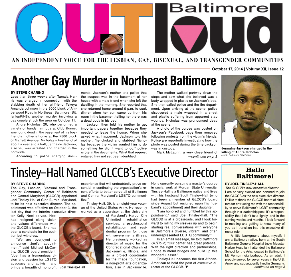 October 17, 2014 | Volume XII, Issue 12 Another Gay Murder in Northeast Baltimore