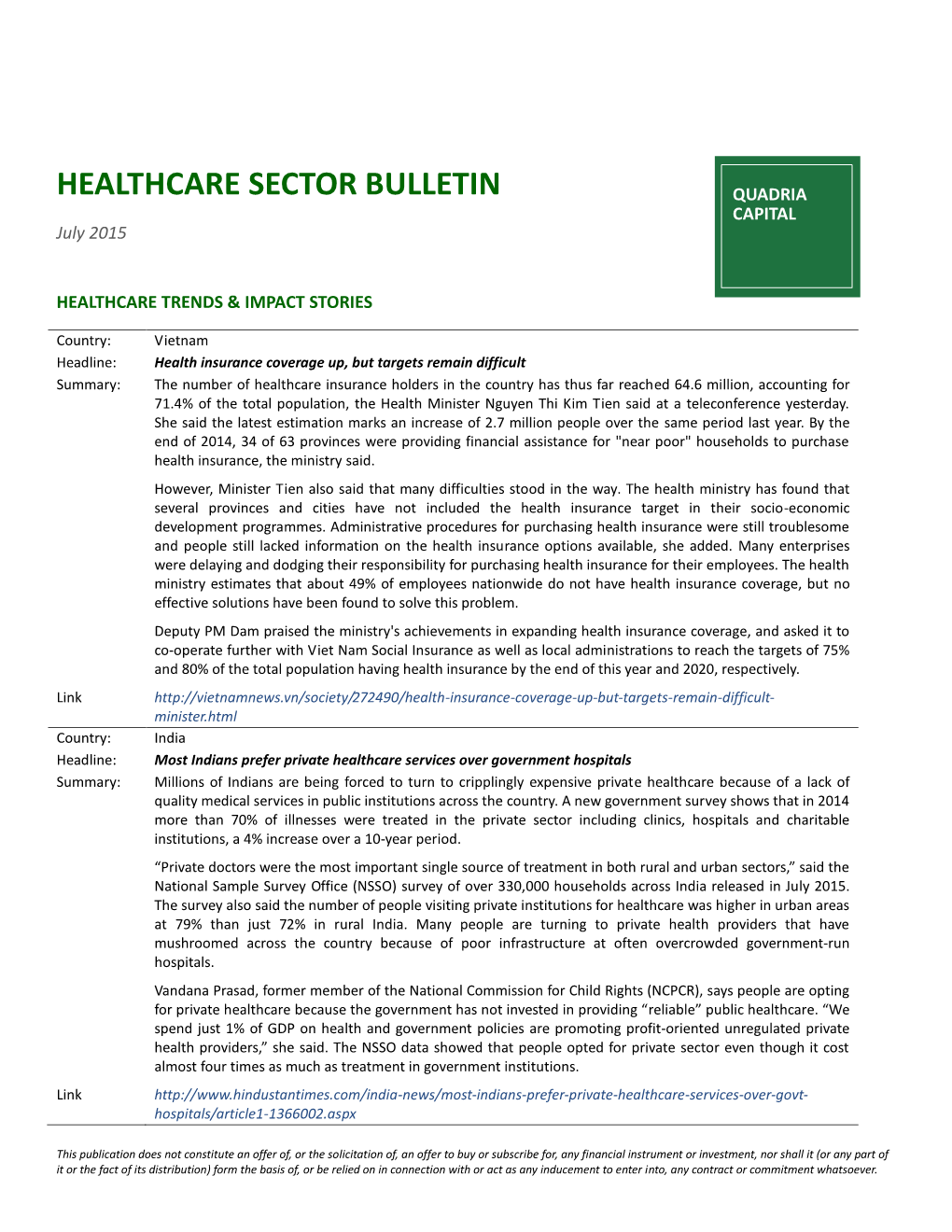 HEALTHCARE SECTOR BULLETIN QUADRIA CAPITAL July 2015