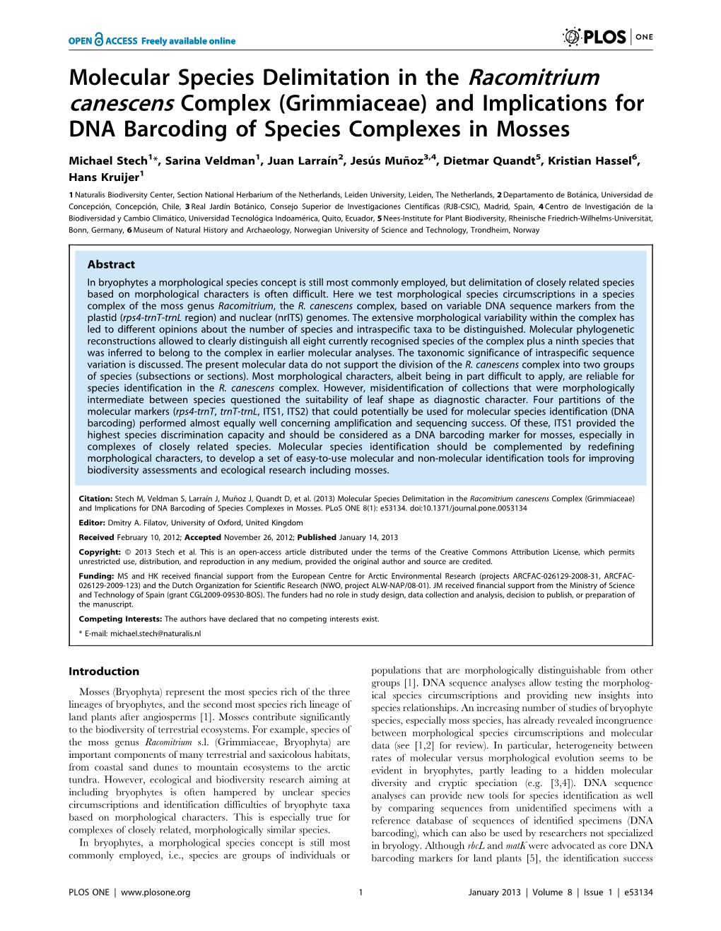 Molecular Species Delimitation in the Racomitrium Canescens Complex (Grimmiaceae) and Implications for DNA Barcoding of Species Complexes in Mosses