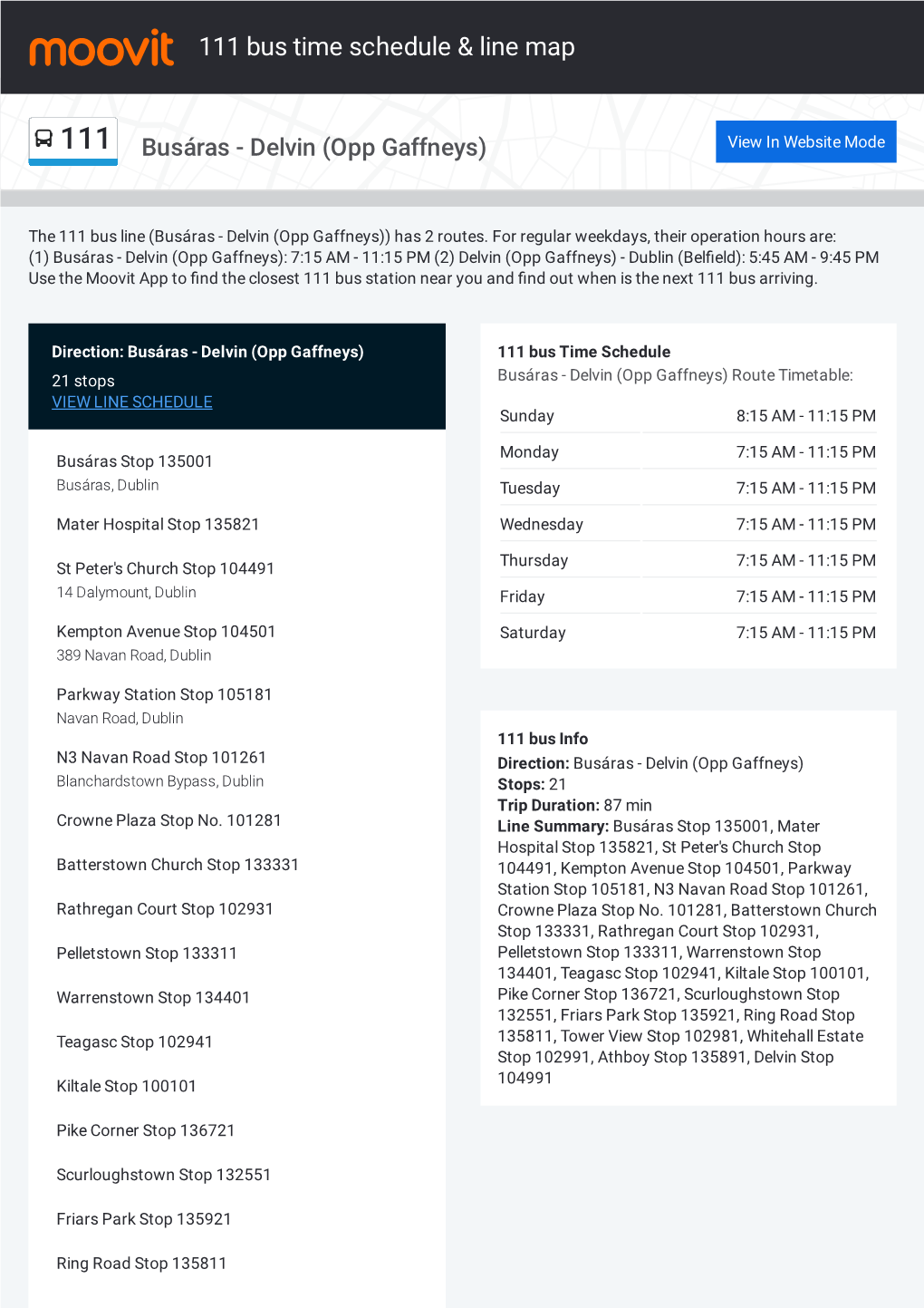 111 Bus Time Schedule & Line Route