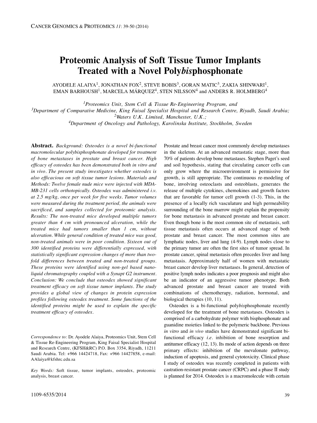 Proteomic Analysis of Soft Tissue Tumor Implants Treated with A