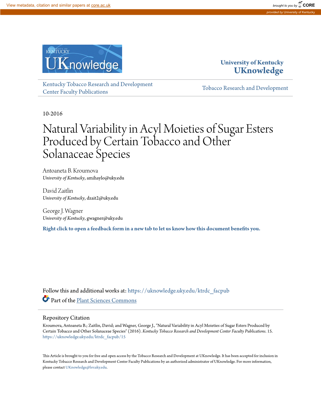 Natural Variability in Acyl Moieties of Sugar Esters Produced by Certain Tobacco and Other Solanaceae Species Antoaneta B