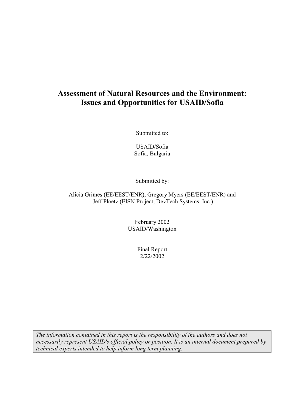 Assessment of Natural Resources and the Environment: Issues and Opportunities for USAID/Sofia