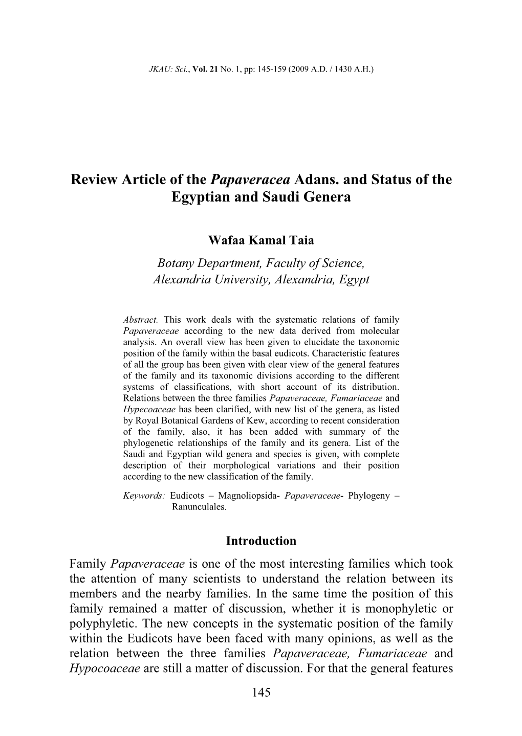 Review Article of the Papaveracea Adans. and Status of the Egyptian and Saudi Genera