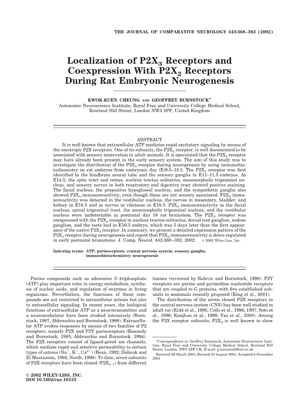 Localization of P2X3 Receptors and Coexpression with P2X2 Receptors During Rat Embryonic Neurogenesis