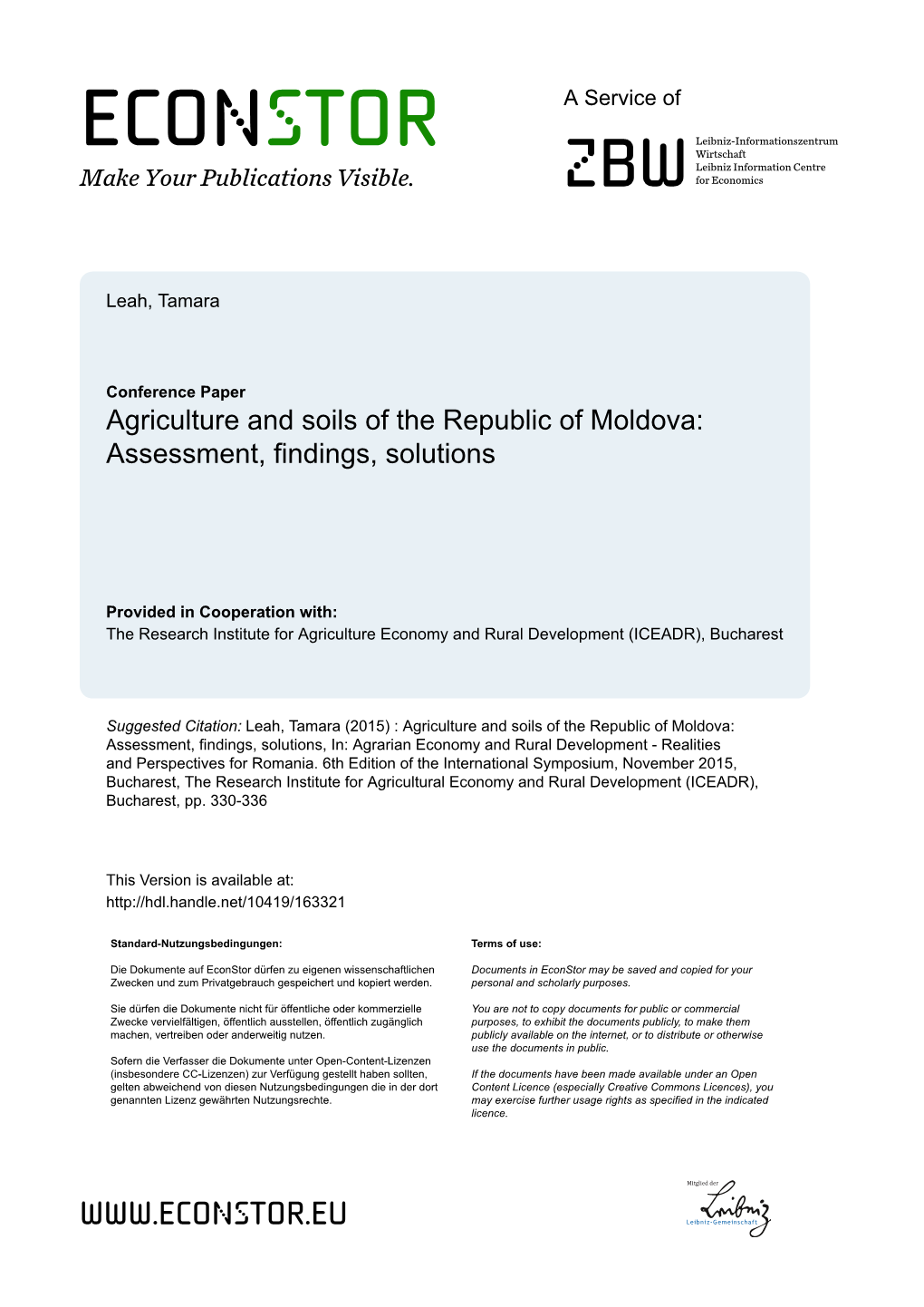 Agriculture and Soils of the Republic of Moldova: Assessment, Findings, Solutions