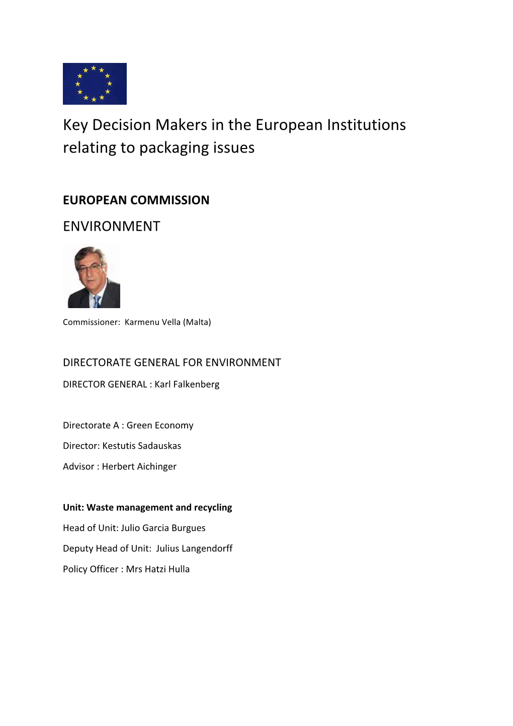 Key Decision Makers in the European Institutions Relating to Packaging Issues