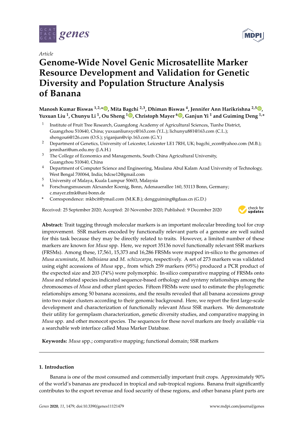 Genome-Wide Novel Genic Microsatellite Marker Resource Development and Validation for Genetic Diversity and Population Structure Analysis of Banana