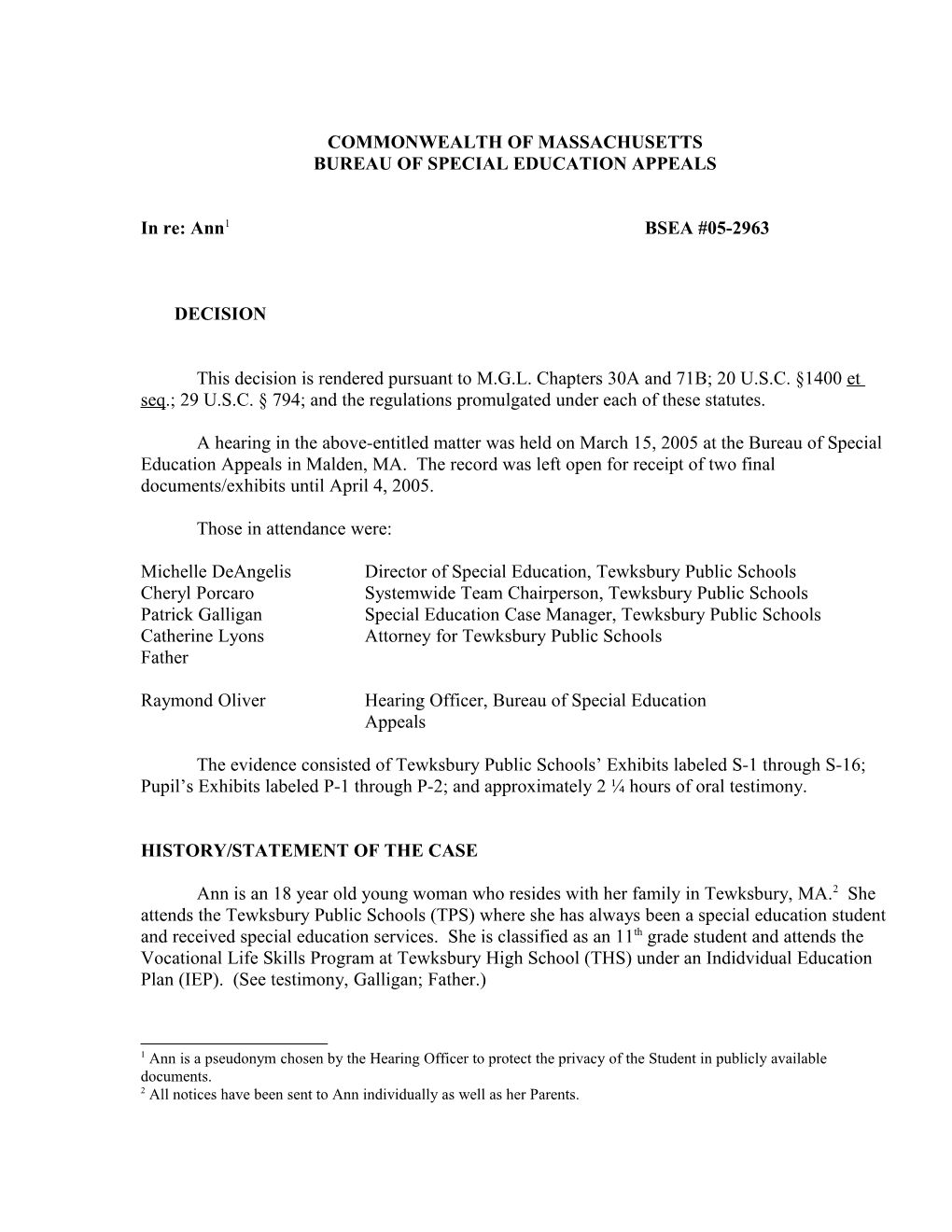 Special Education Appeals BSEA #05-2963