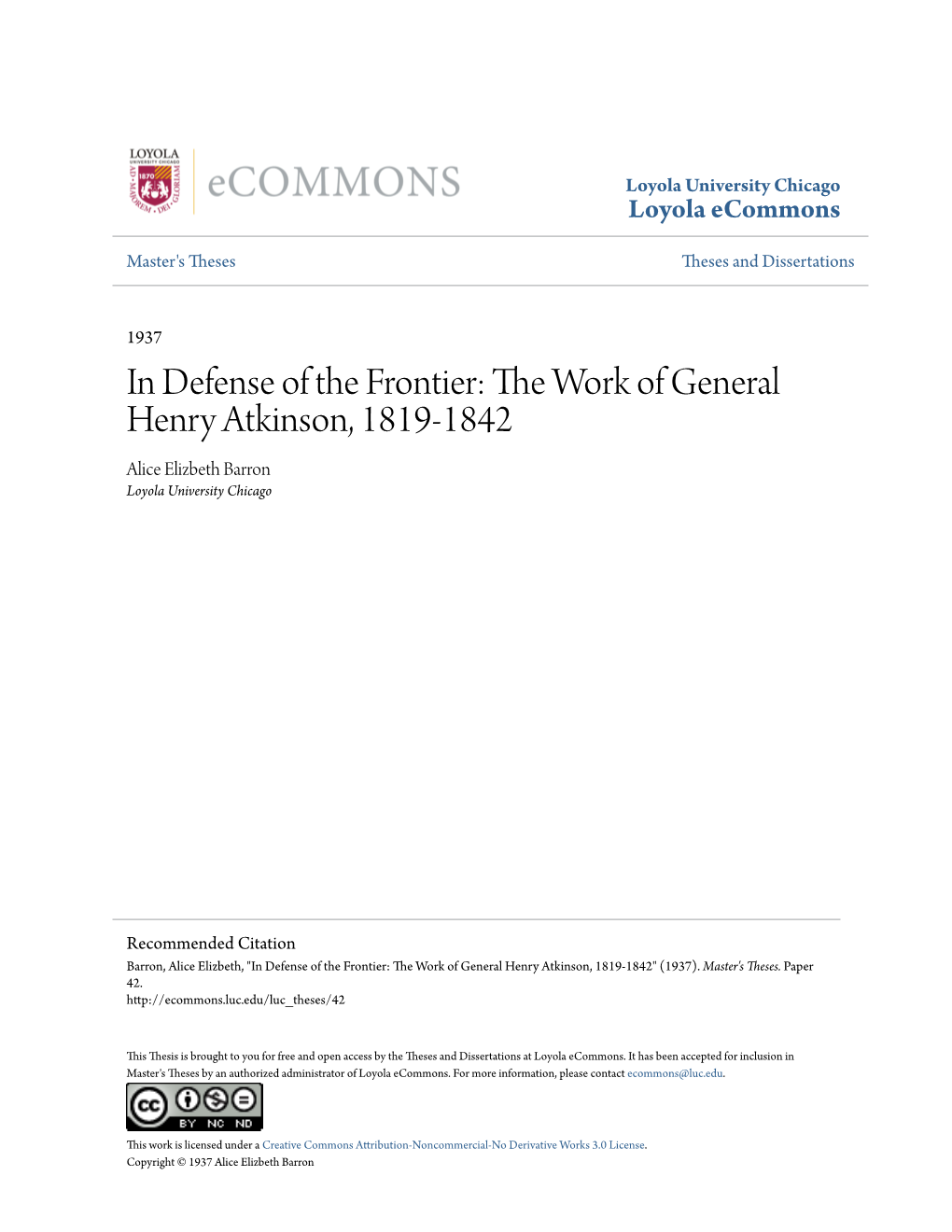 In Defense of the Frontier: the Work of General Henry Atkinson, 1819-1842