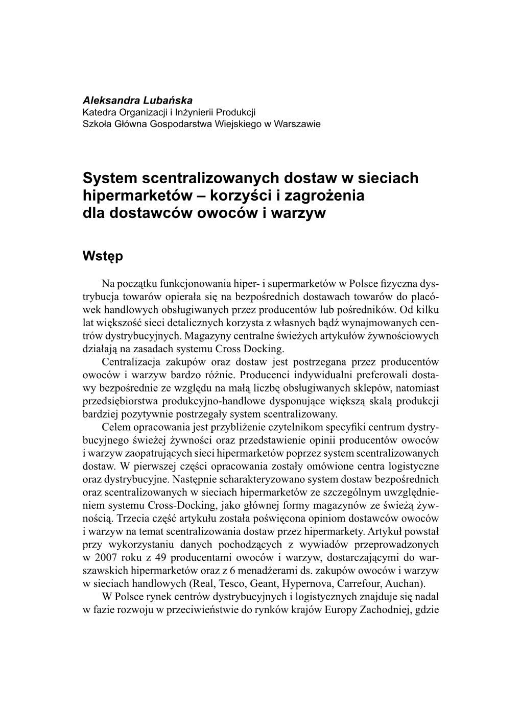 System Scentralizowanych Dostaw W Sieciach Hipermarketów – Korzyści I Zagrożenia Dla Dostawców Owoców I Warzyw