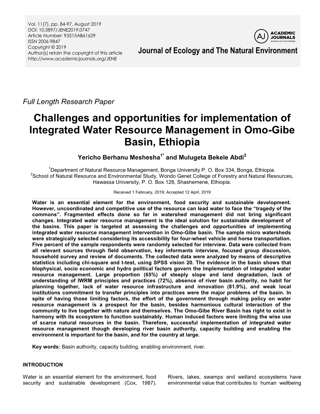 Challenges and Opportunities for Implementation of Integrated Water Resource Management in Omo-Gibe Basin, Ethiopia