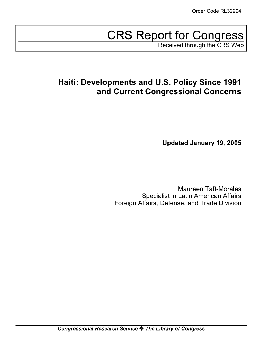 Haiti: Developments and U.S. Policy Since 1991 and Current Congressional Concerns