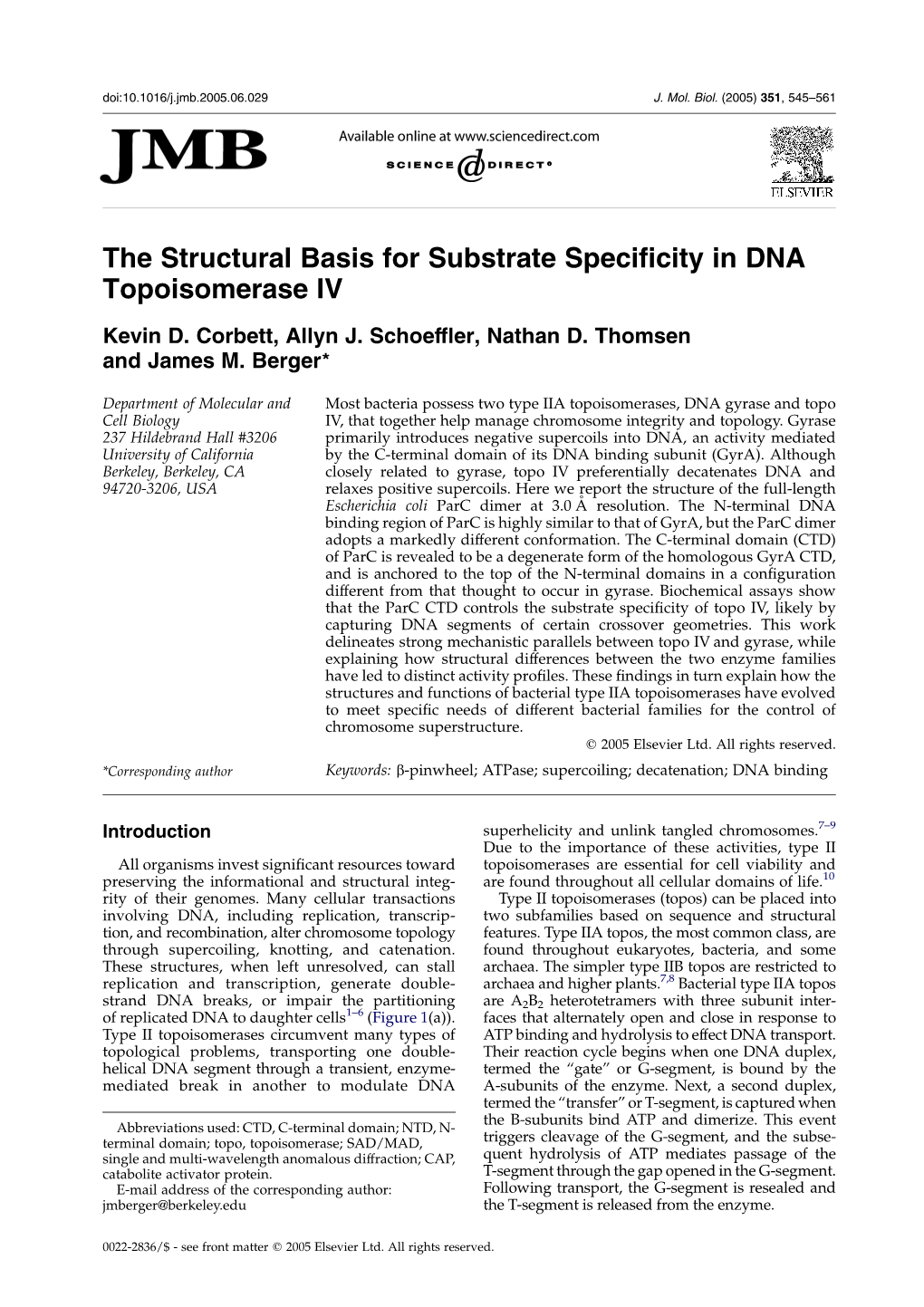 The Structural Basis for Substrate Specificity in DNA Topoisomerase IV