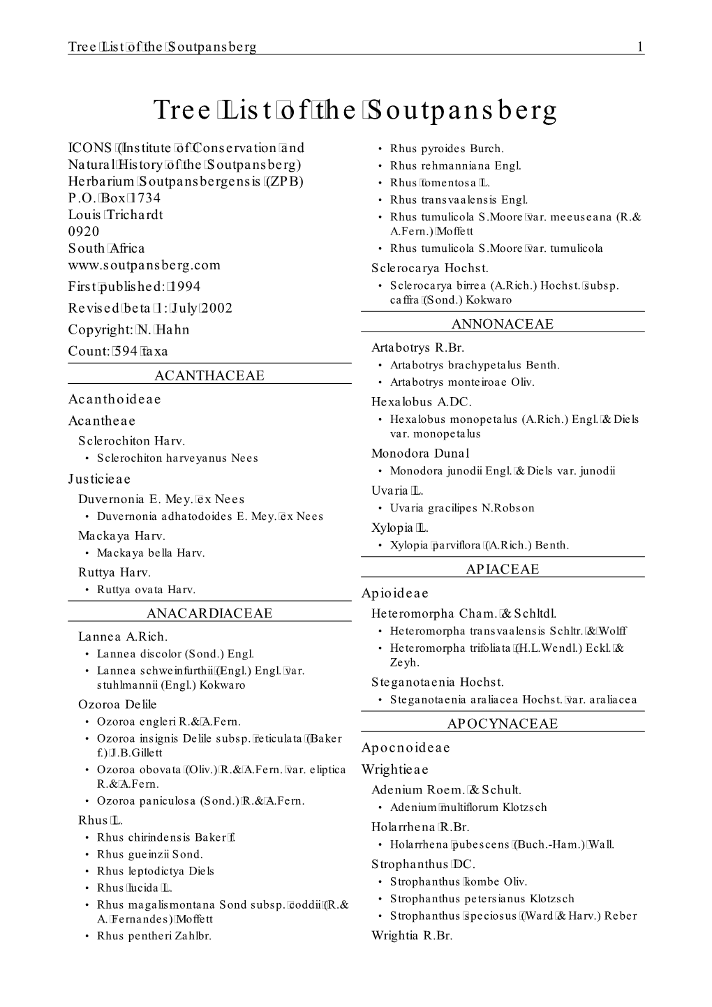 Tree List of the Soutpansberg