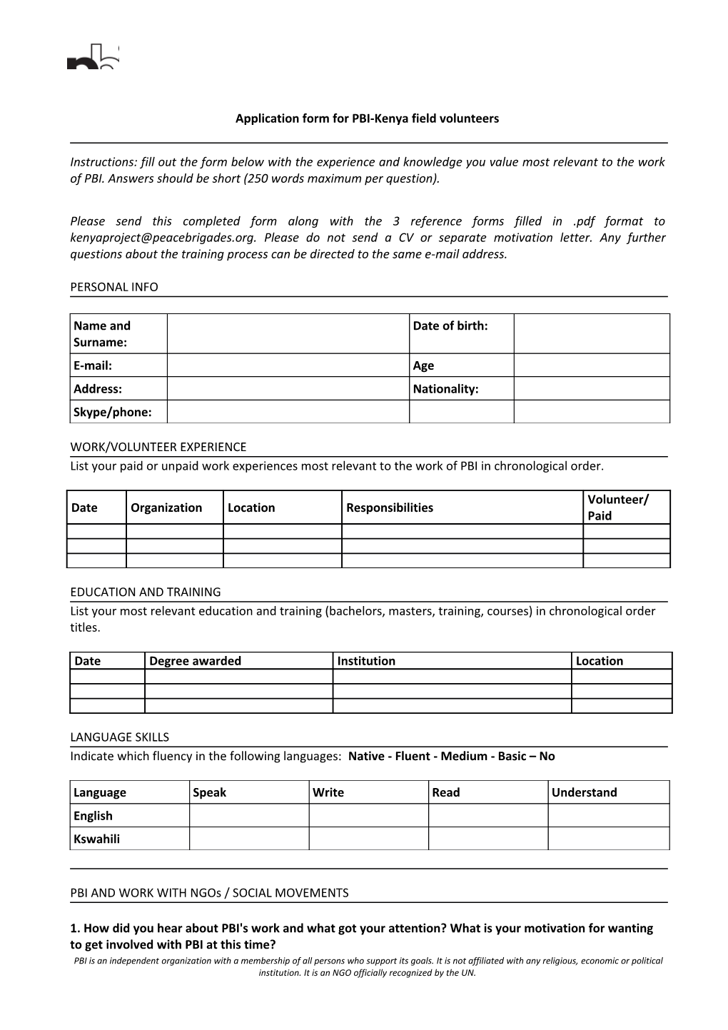 Application Form for PBI-Kenya Field Volunteers