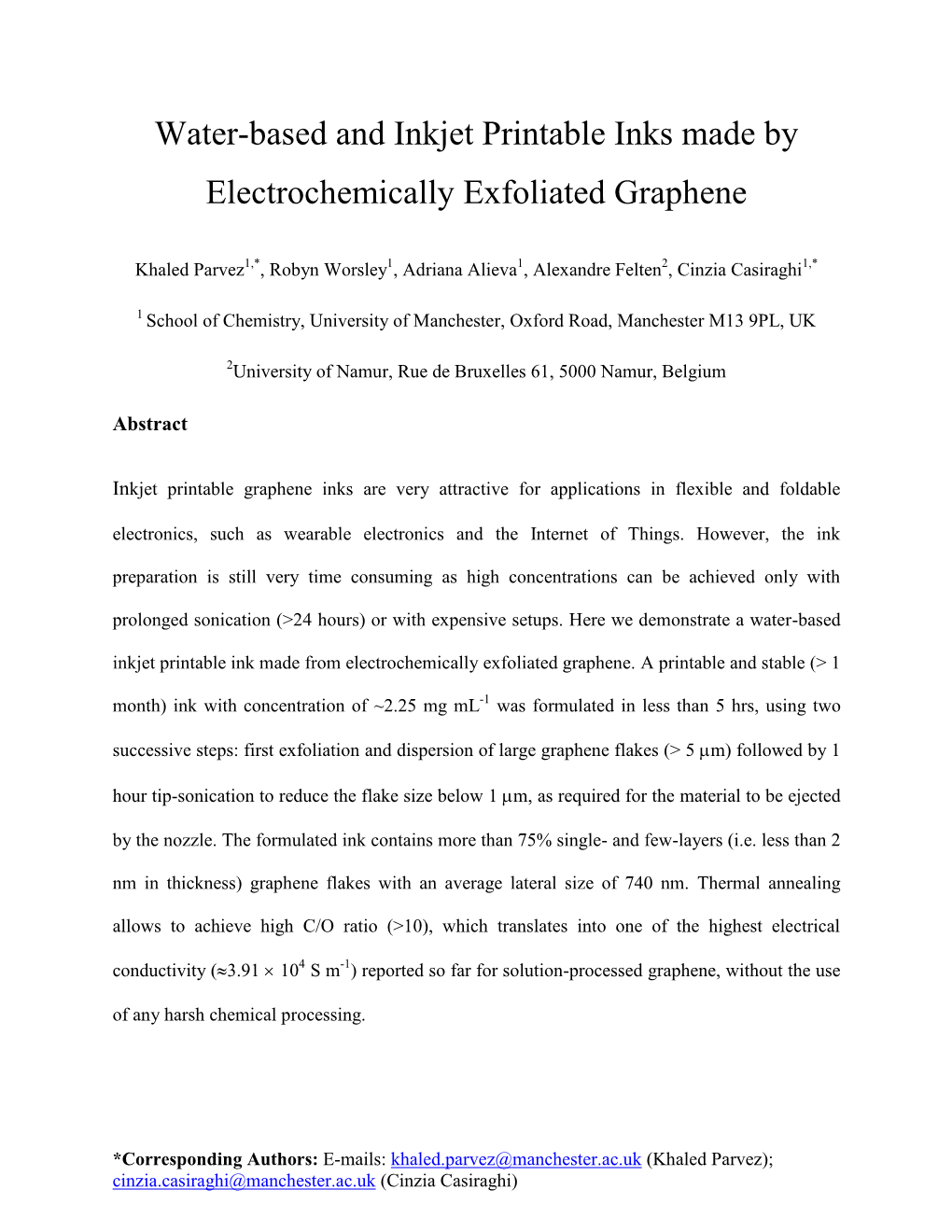 Water-Based and Inkjet Printable Inks Made by Electrochemically Exfoliated Graphene