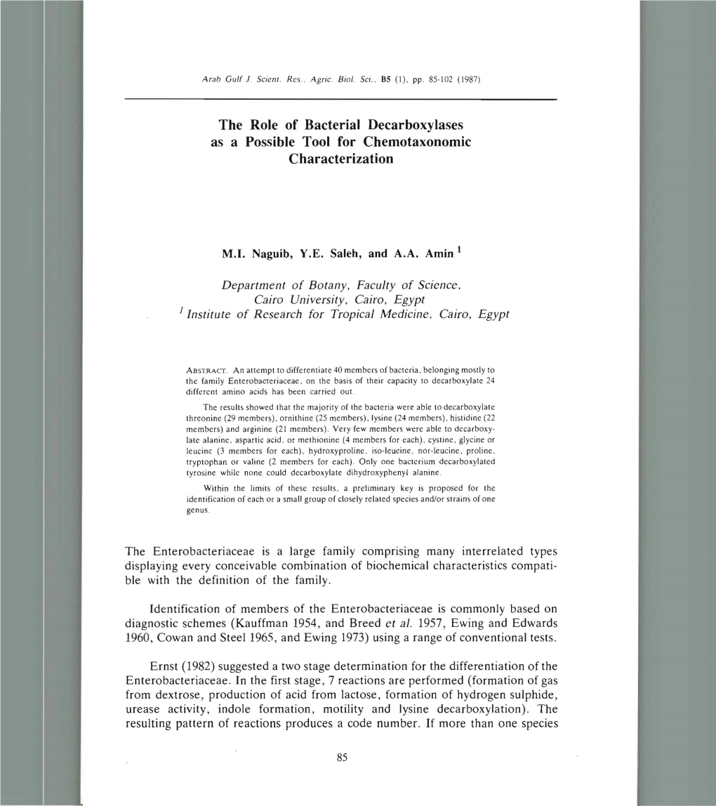 The Role of Bacterial Decarboxylases As a Possible Tool for Chemotaxonomic Characterization