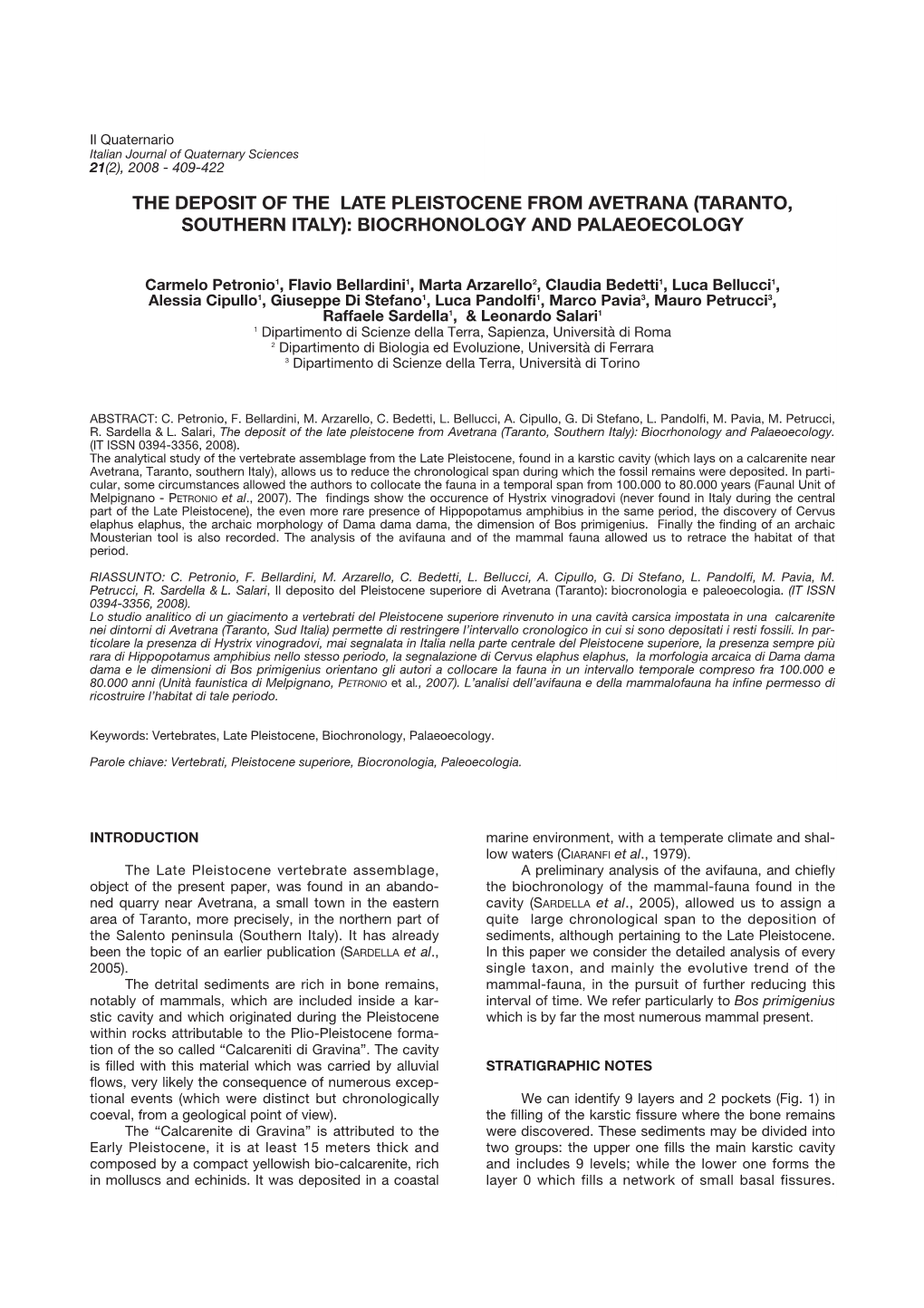 The Deposit of the Late Pleistocene from Avetrana (Taranto, Southern Italy): Biocrhonology and Palaeoecology