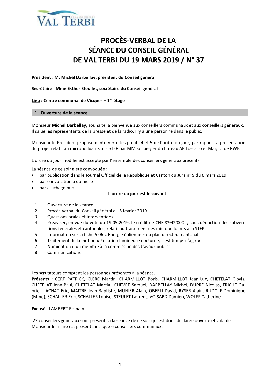 Procès-Verbal De La Séance Du Conseil Général De Val Terbi Du 19 Mars 2019 / N° 37