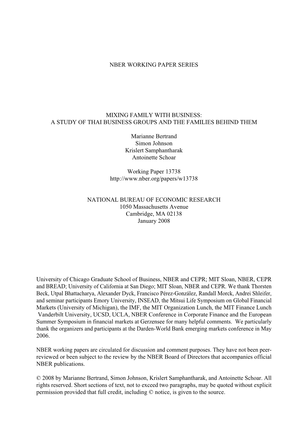 Nber Working Paper Series Mixing Family with Business