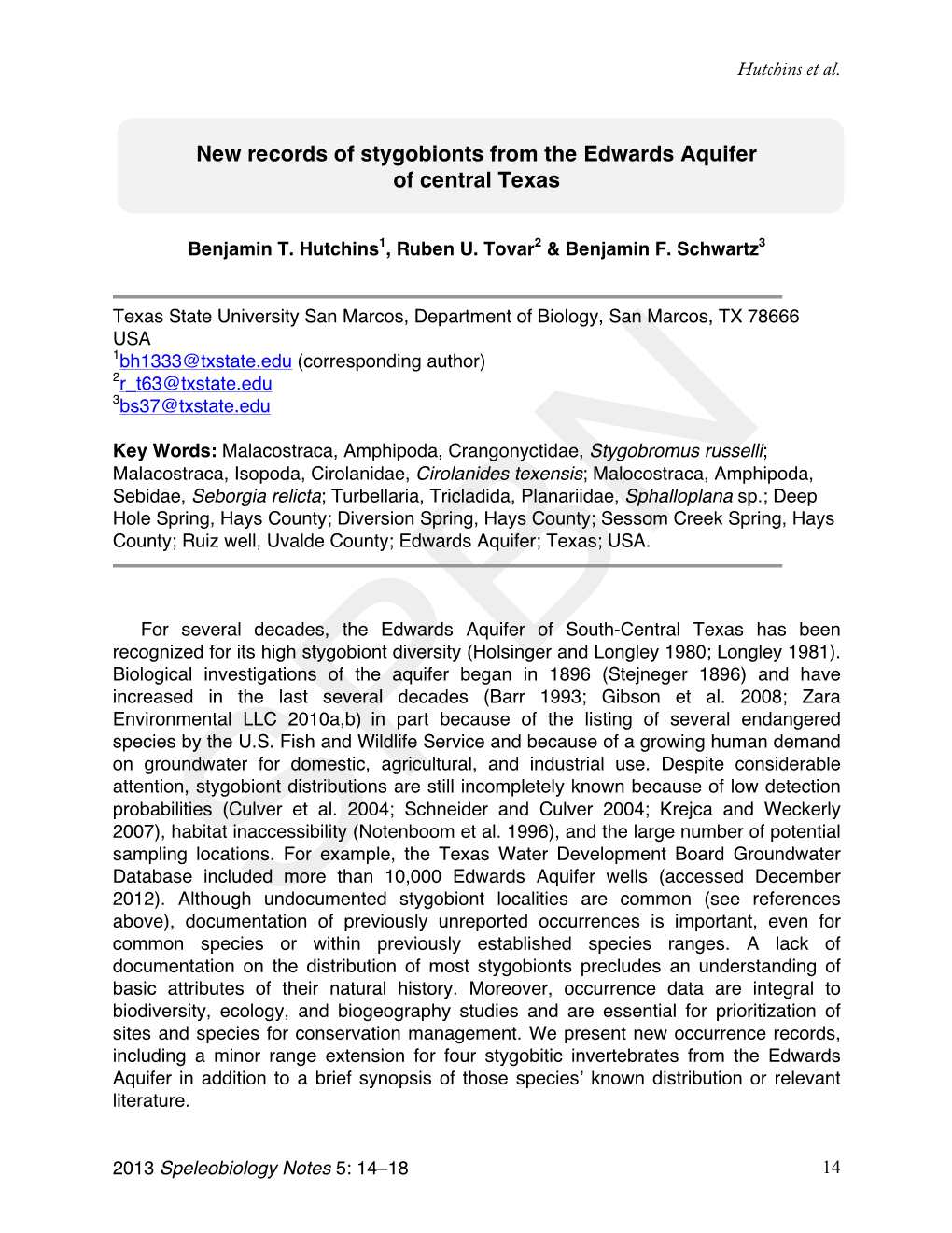 New Records of Stygobionts from the Edwards Aquifer of Central Texas