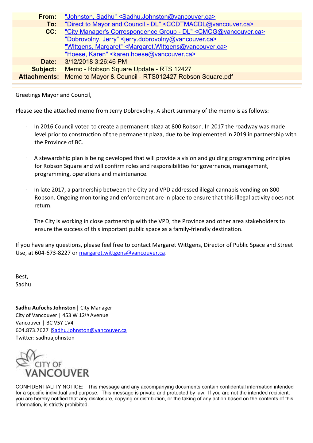 Memo - Robson Square Update - RTS 12427 Attachments: Memo to Mayor & Council - RTS012427 Robson Square.Pdf